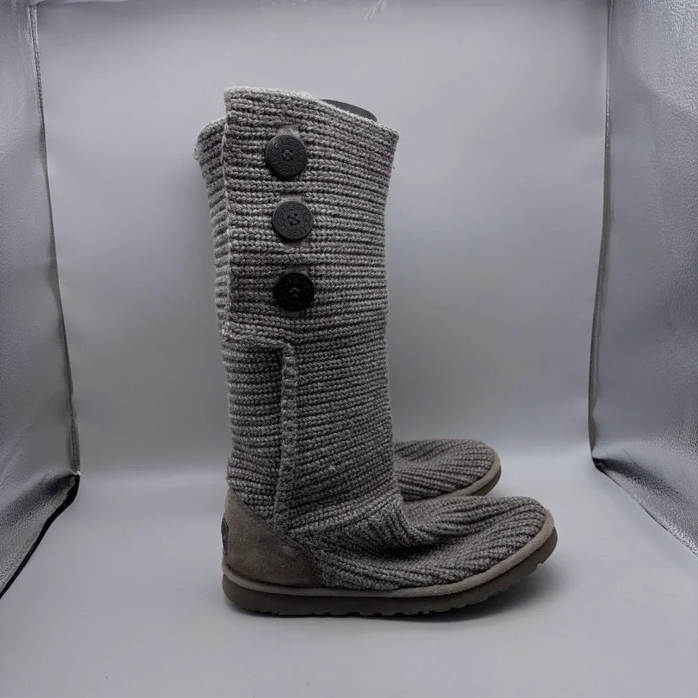 UGG Boots Womens 9 Grey Cardy Tall Knit Button Down 5819 Crochet Winter Casual